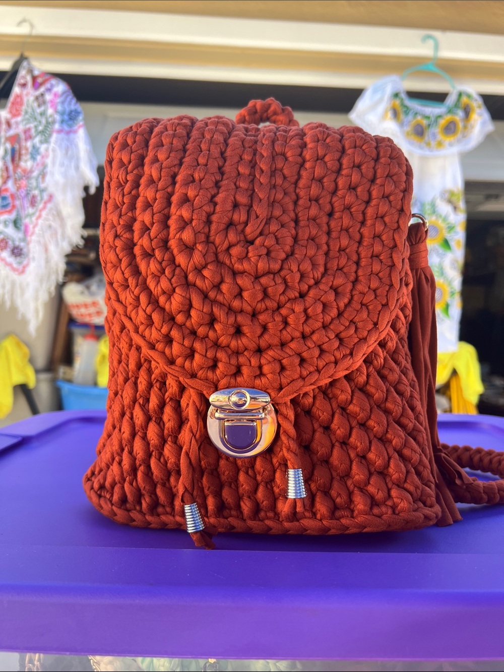 Handmade Rust Crochet Drawstring Backpack